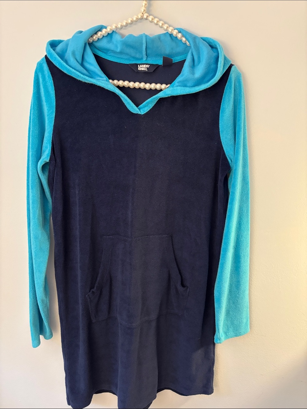 Lands' End Girls Navy and Aqua Hooded Beach Cover -Up